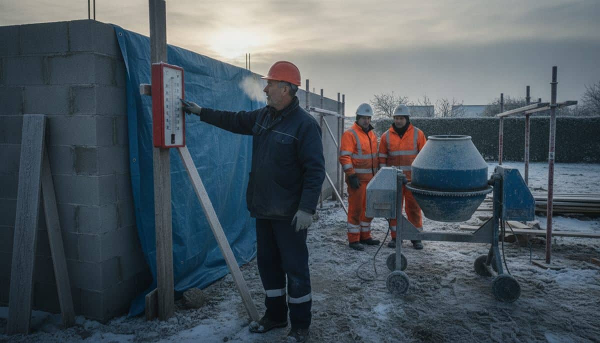 Chef d'entreprise de maçonnerie qui montre un thermomètre sous zéro sur un chantier givré, deux ouvriers en gilet orange qui attendent près d'une bétonnière à l'arrêt