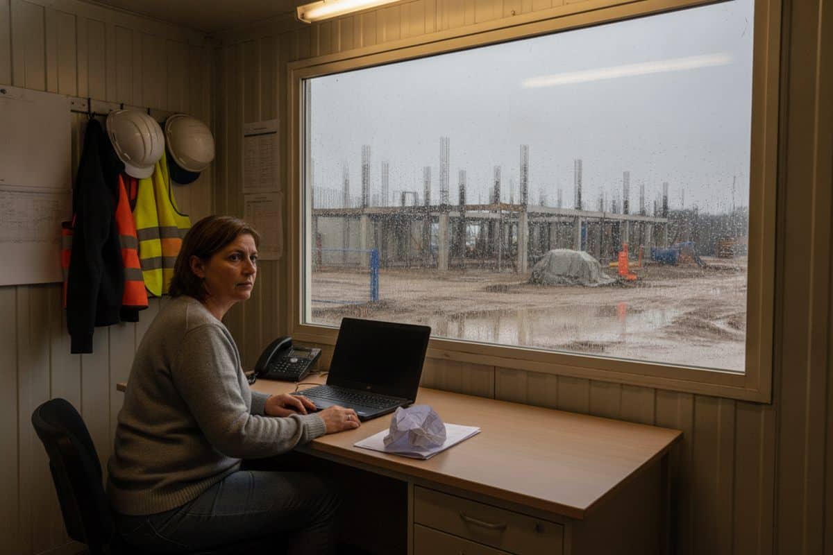 Responsable administrative dans un bungalow de chantier, devant un ordinateur portable et un téléphone, la pluie ruisselle sur la vitre et le chantier est à l'arrêt