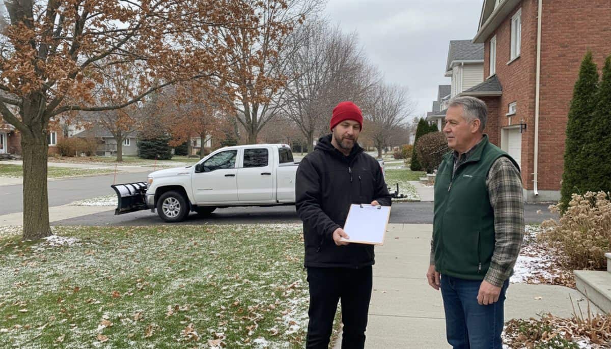 Entrepreneur en déneigement en tuque rouge qui présente un contrat sur une planchette à un propriétaire devant une maison de brique, une camionnette avec lame à neige dans la rue