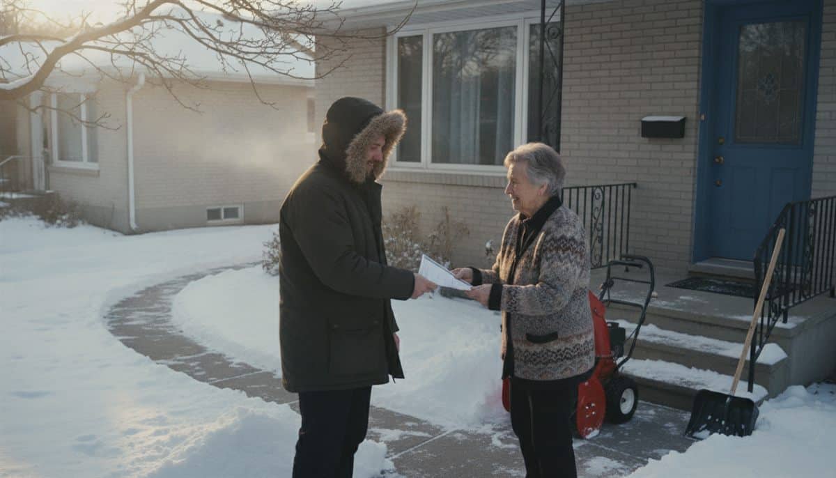 Entrepreneur en manteau d'hiver remet un papier à une femme âgée souriante devant un bungalow enneigé, souffleuse et pelle dans l'entrée déneigée