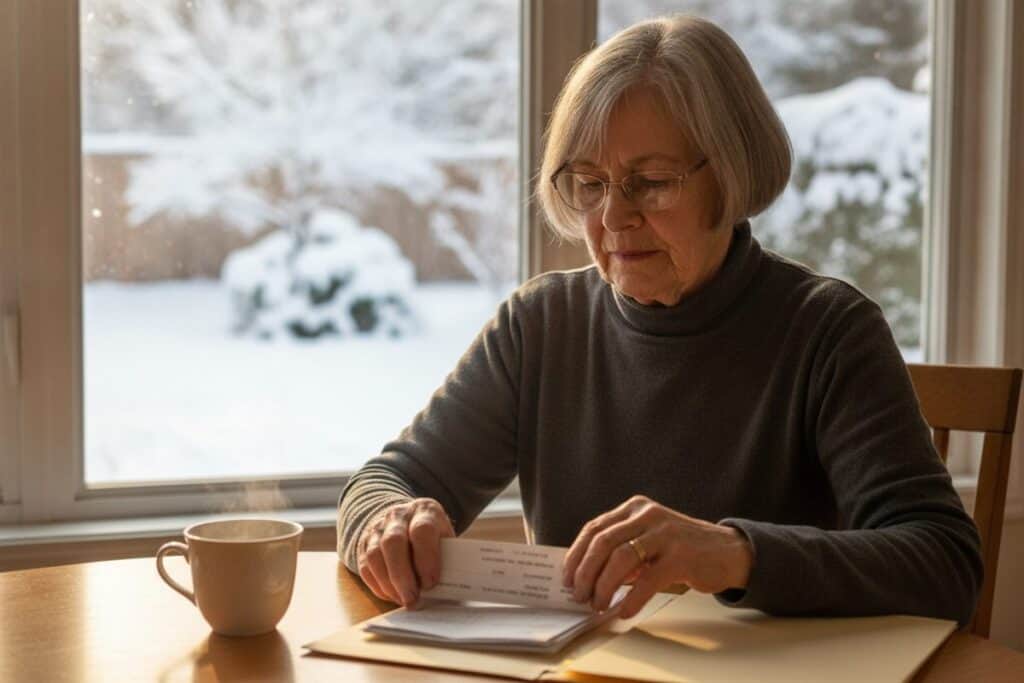 Femme âgée avec des lunettes classe des factures dans une chemise à la table de cuisine, tasse de thé et jardin enneigé à la fenêtre