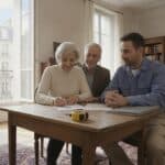 Dans le salon d’un appartement ancien, une cliente âgée signe un devis papier à côté de son mari, face à un artisan qui attend, un mètre ruban posé sur la table