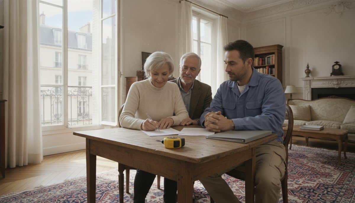 Dans le salon d’un appartement ancien, une cliente âgée signe un devis papier à côté de son mari, face à un artisan qui attend, un mètre ruban posé sur la table