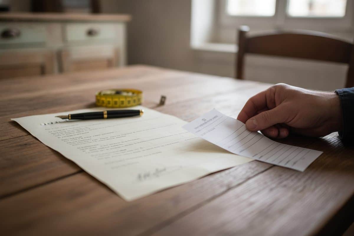Sur une table en bois, un devis signé, un stylo et un mètre ruban ; la main d'un artisan fait glisser un coupon détachable vers le client
