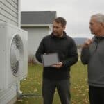 Installateur tenant une tablette discute avec un propriétaire à côté d'une thermopompe murale fixée sur le revêtement d'une maison, feuilles mortes sur la pelouse