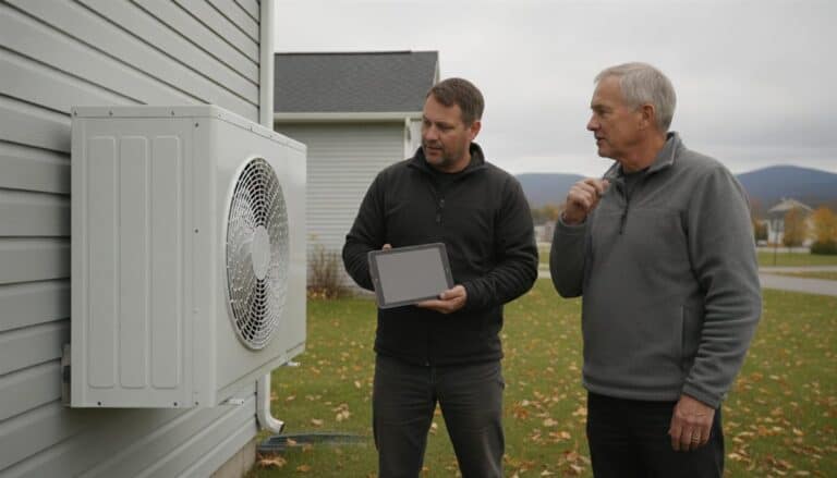 Installateur tenant une tablette discute avec un propriétaire à côté d'une thermopompe murale fixée sur le revêtement d'une maison, feuilles mortes sur la pelouse