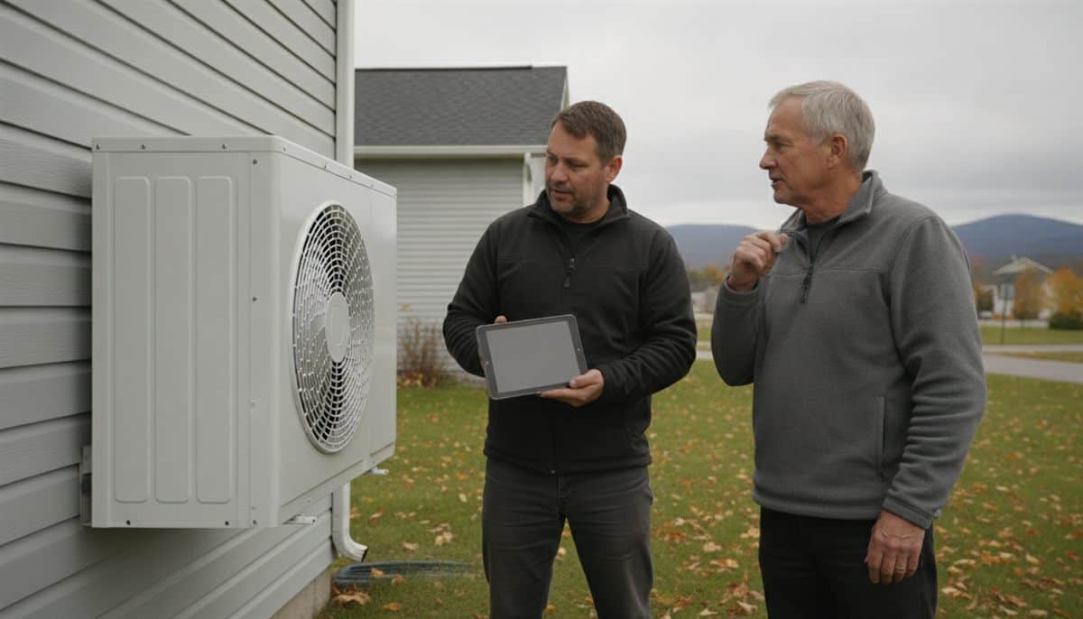 Installateur tenant une tablette discute avec un propriétaire à côté d'une thermopompe murale fixée sur le revêtement d'une maison, feuilles mortes sur la pelouse