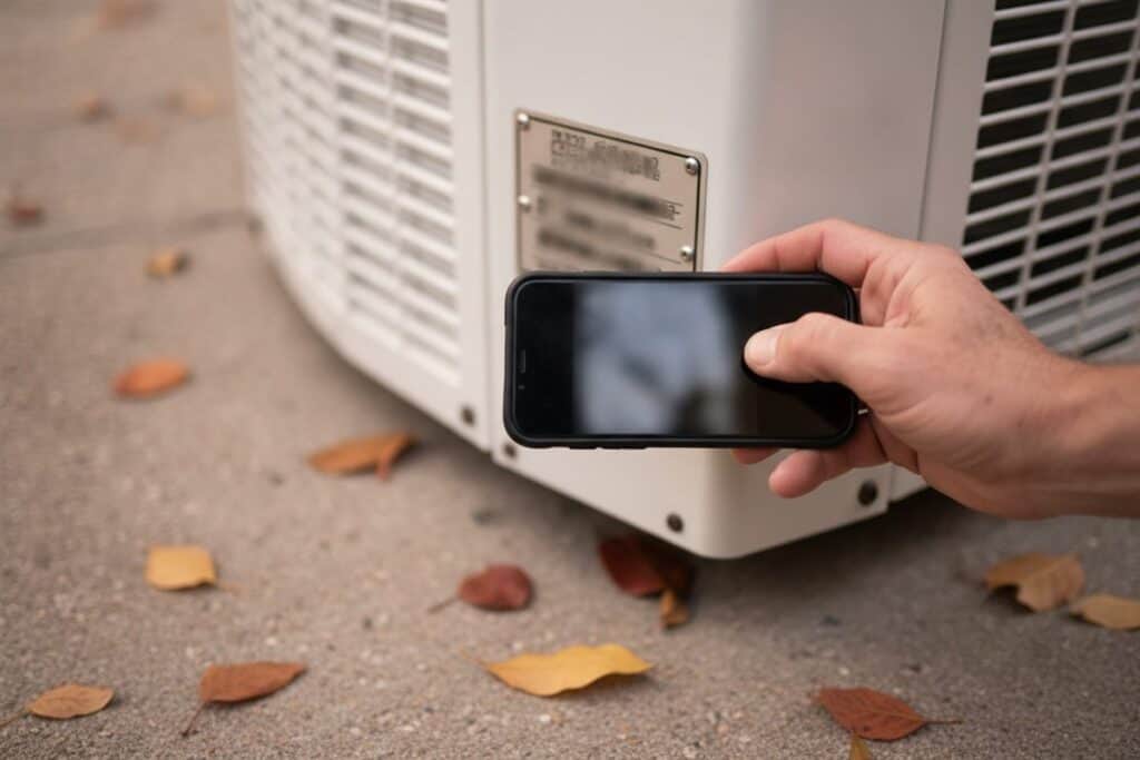 Main tenant un téléphone pour photographier la plaque signalétique sur le côté d'une thermopompe extérieure, feuilles d'automne au sol