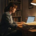 Une artisane d’une quarantaine d’années travaille le soir sur un ordinateur portable à son bureau, à côté d’une pile de factures, d’une tasse et d’un calendrier mural
