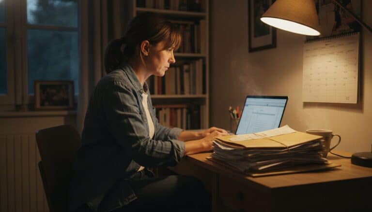 Une artisane d’une quarantaine d’années travaille le soir sur un ordinateur portable à son bureau, à côté d’une pile de factures, d’une tasse et d’un calendrier mural