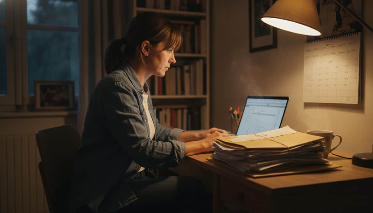 Une artisane d’une quarantaine d’années travaille le soir sur un ordinateur portable à son bureau, à côté d’une pile de factures, d’une tasse et d’un calendrier mural