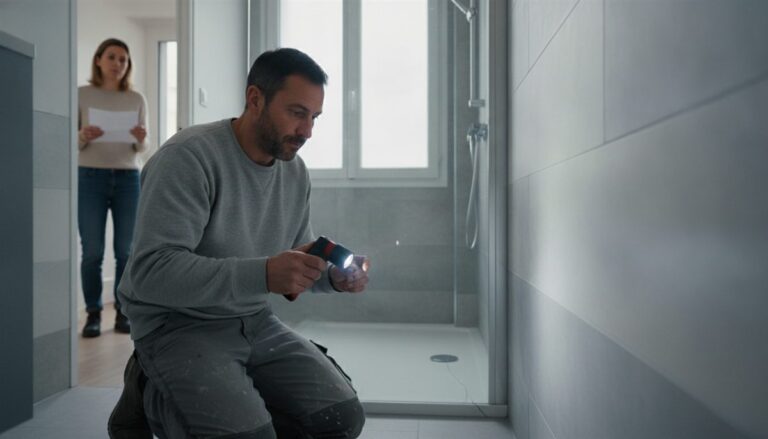 Carreleur à genoux qui inspecte à la lampe un joint de faïence près d'une douche à l'italienne, la cliente debout dans l'encadrement de la porte avec une lettre à la main