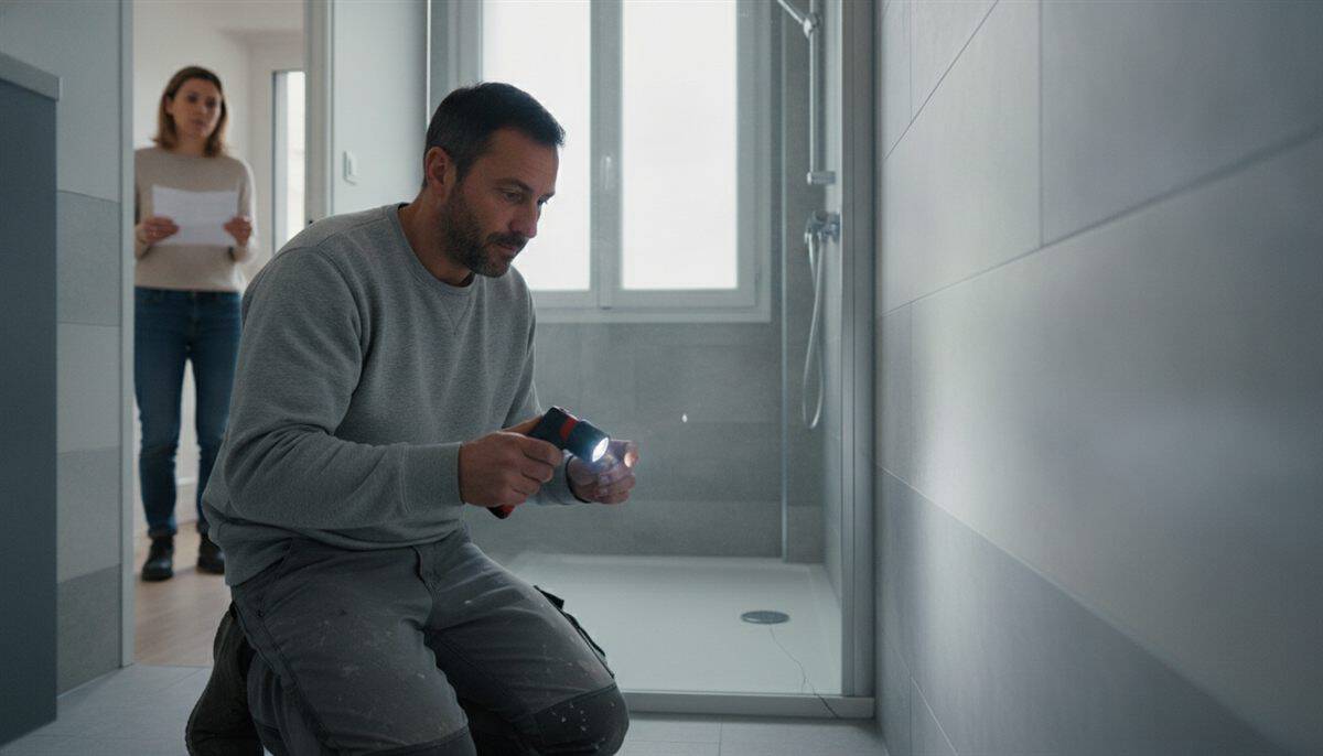 Carreleur à genoux qui inspecte à la lampe un joint de faïence près d'une douche à l'italienne, la cliente debout dans l'encadrement de la porte avec une lettre à la main