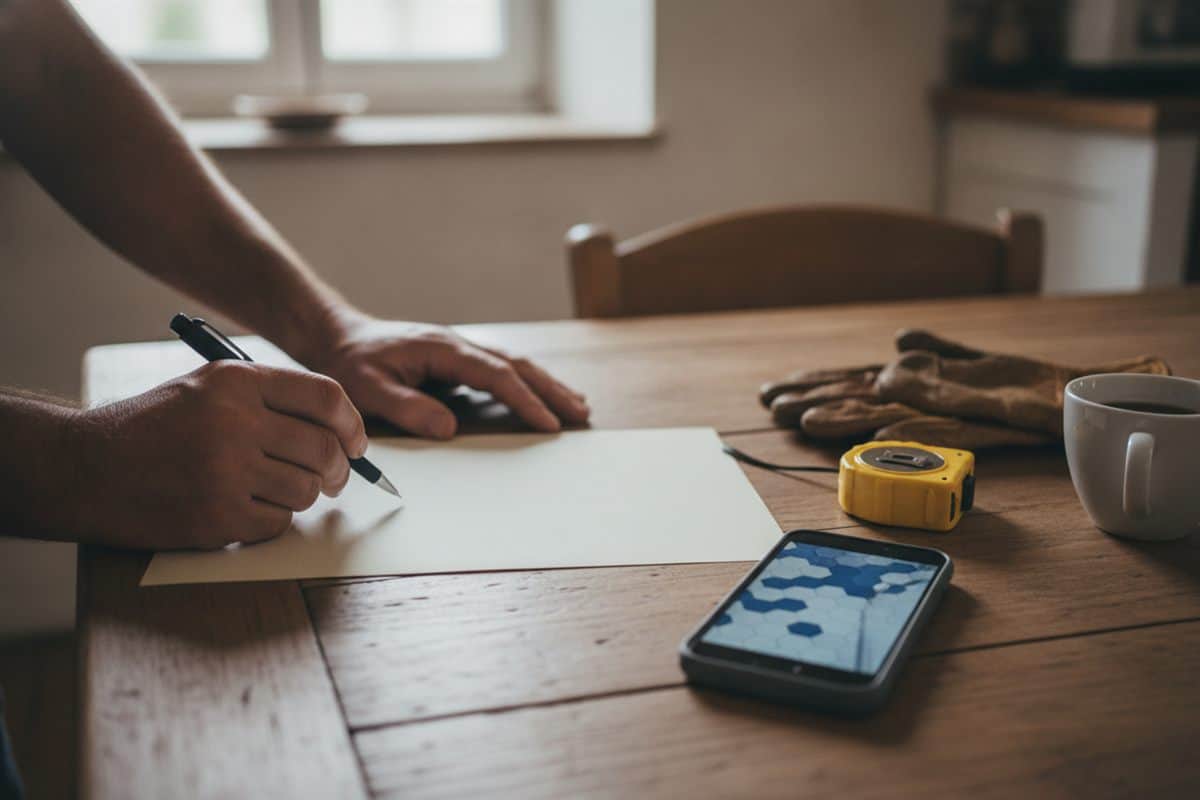 Mains d'un artisan qui écrit sur une feuille posée sur une table de cuisine, à côté d'un mètre ruban, d'un téléphone affichant la photo d'un carrelage et d'une tasse de café