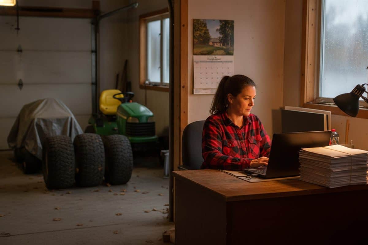 Propriétaire d'une entreprise d'aménagement paysager en chemise à carreaux qui travaille à l'ordinateur dans son garage-atelier, une pile d'enveloppes sur le bureau et un tracteur à pelouse remisé derrière