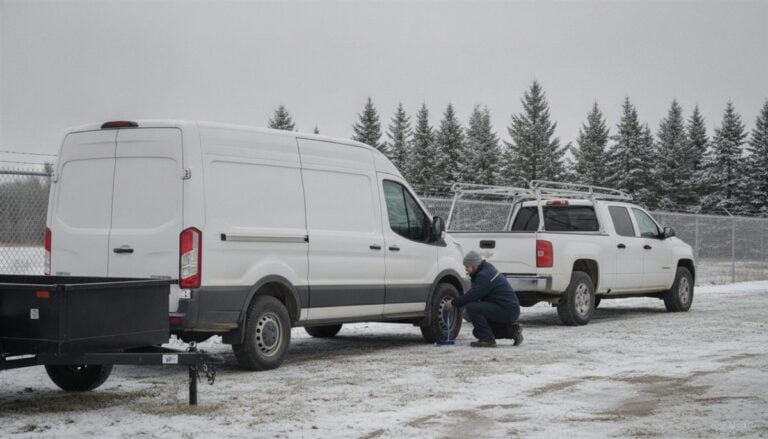 Un travailleur en tuque vérifie un pneu de pick-up avec une jauge dans une cour enneigée, à côté d’une camionnette blanche et d’une remorque noire