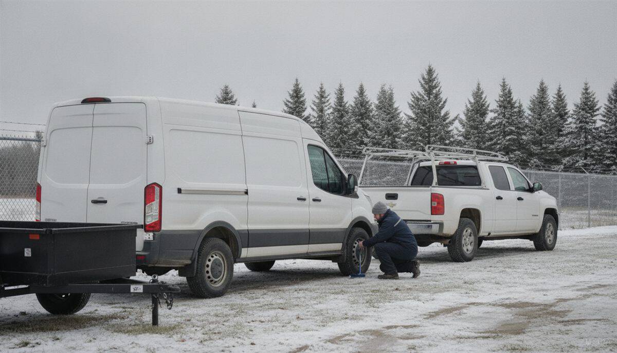 Un travailleur en tuque vérifie un pneu de pick-up avec une jauge dans une cour enneigée, à côté d’une camionnette blanche et d’une remorque noire