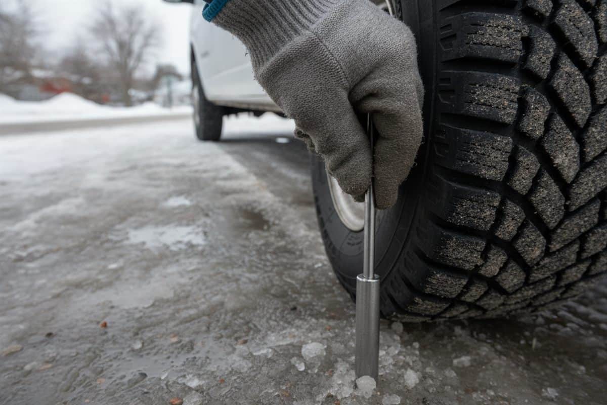 Une main gantée enfonce une jauge de profondeur métallique dans les rainures d'un pneu d'hiver, sur une chaussée couverte de gadoue