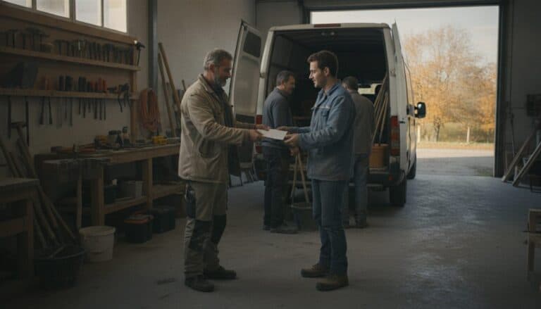 Un artisan maçon d’une cinquantaine d’années remet une enveloppe à un jeune salarié dans son atelier, pendant que deux ouvriers chargent une camionnette blanche
