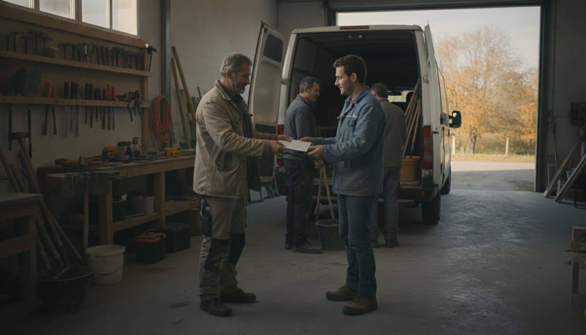 Un artisan maçon d’une cinquantaine d’années remet une enveloppe à un jeune salarié dans son atelier, pendant que deux ouvriers chargent une camionnette blanche
